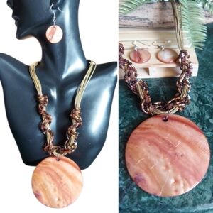 S328 Chunky Shell Brown Beaded Necklace and Earring Jewelry Set